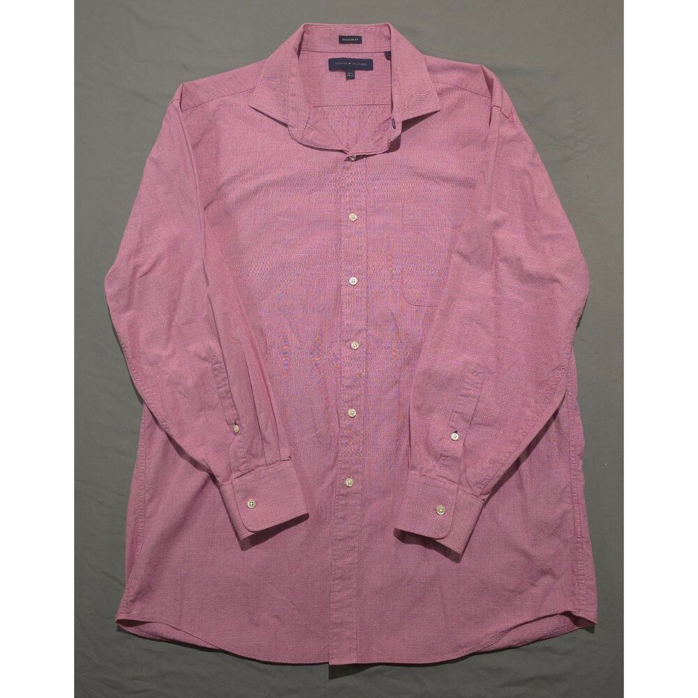 Tommy Hilfiger Mens Dress Shirt 16 1/2 32-33 Pink White Micro Grid Regular Fit
